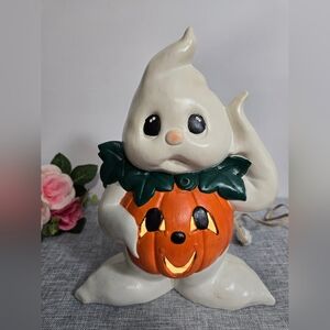 Vintage Ceramic Ghost and Pumpkin Light Up Halloween‎ Decor 12”H 9”W Night Lamp